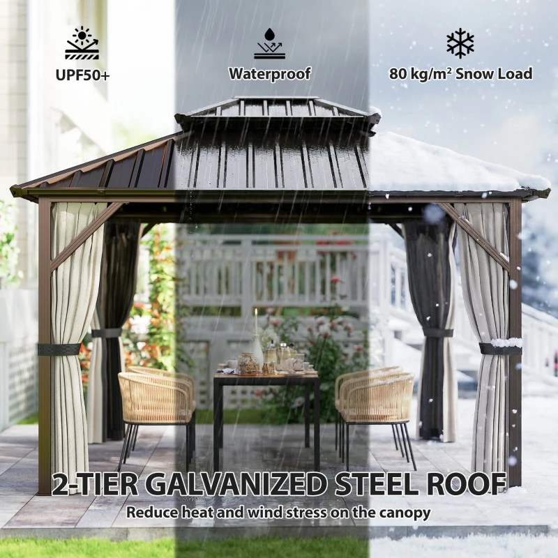 Outsunny 3x3.6 m Hardtop Gazebo Canopy with UPF50+ Double Galvanised Steel Roof, Aluminium Garden Gazebo Permanent Pavilion, Brown