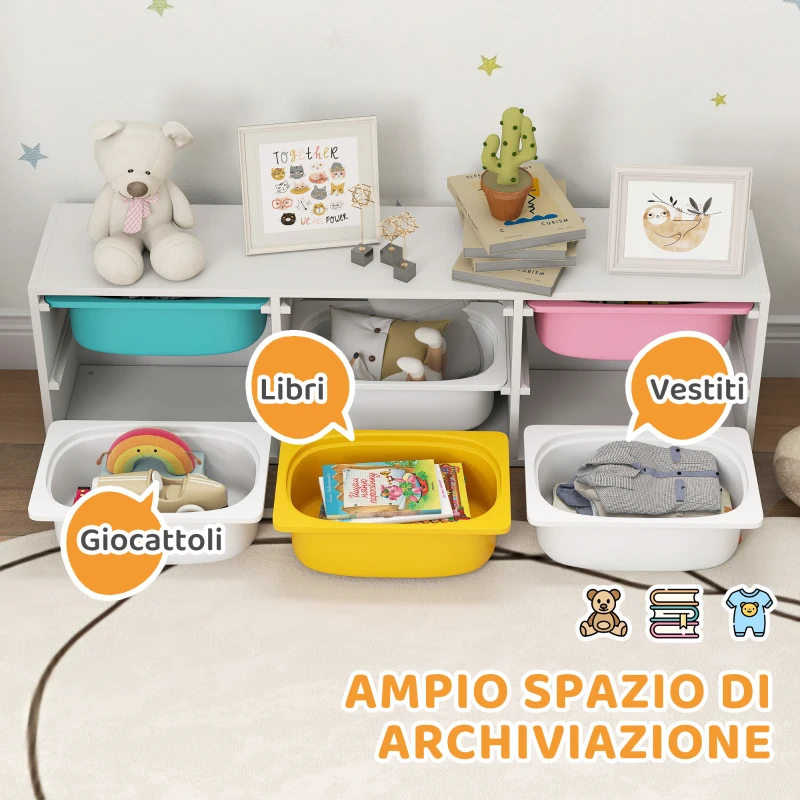 AIYAPLAY Scaffale Portagiochi Bambini in Legno con 6 Contenitori Rimovibili in Plastica, Multicolore