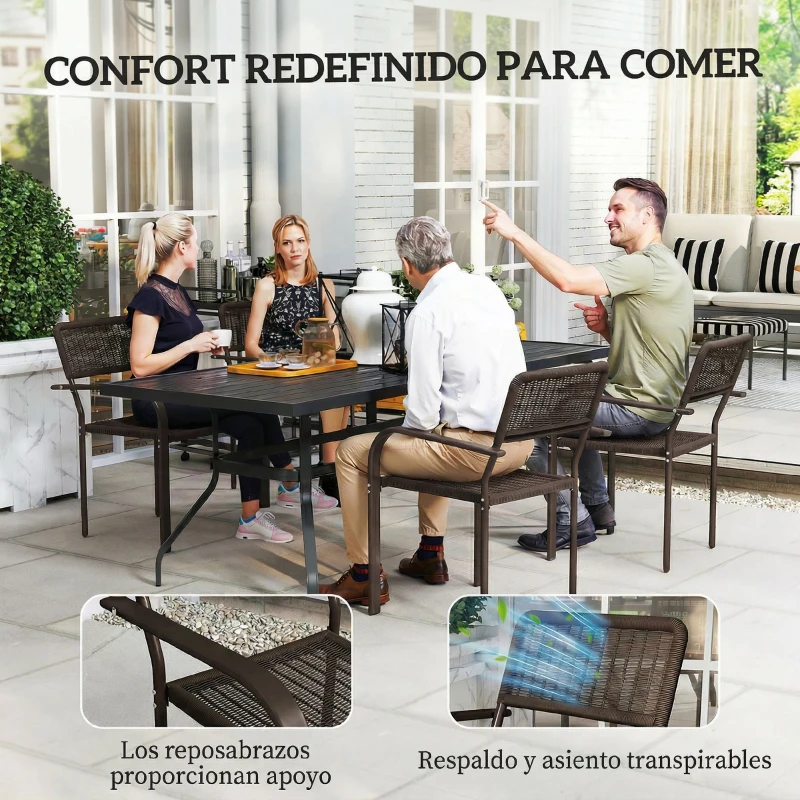 Outsunny Juego de 4 Sillas de Jardín Exterior Apilables con Reposabrazos Respaldo y Marco de Acero 55x60x83 cm Marrón Oscuro