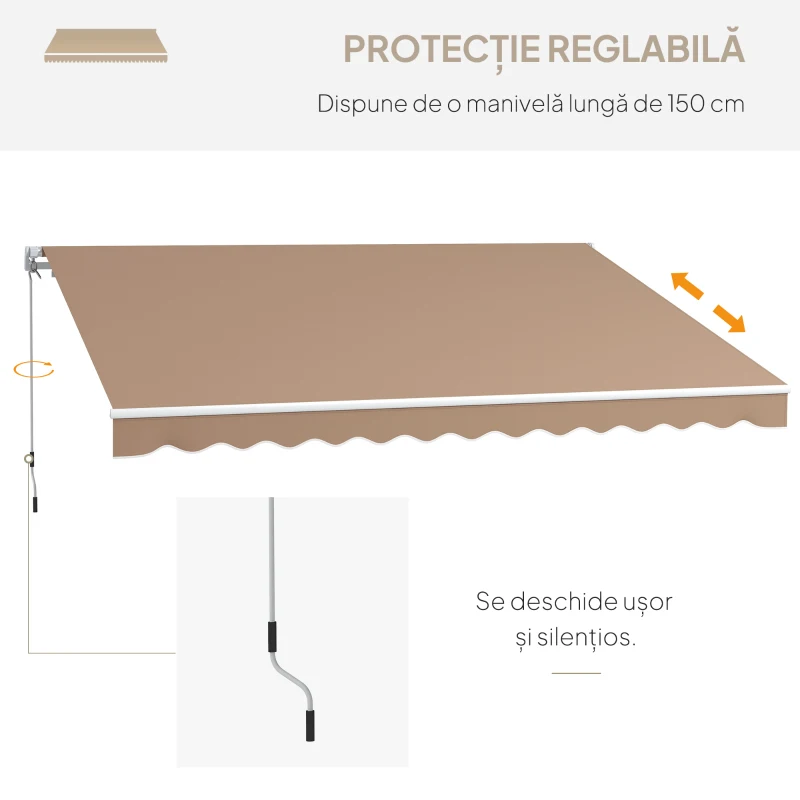 Outsunny Copertină de Soare pentru Exterior Retractabilă cu Brațe și Manivelă, 350x250 cm, Maro