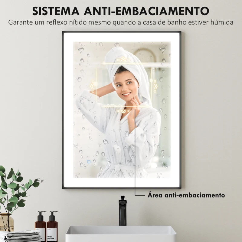 HOMCOM Espelho Casa de Banho com Luz LED 80x60 cm Iluminação Ajustável Função Anti-Embaciamento Função Memória Preto