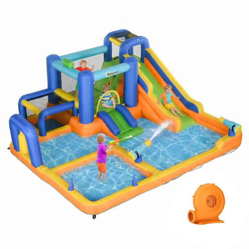 Outsunny Castillo Hinchable Infantil con Tobogán Piscina Muro de Escalada Inflador y Bolsa de Transporte 430x420x200cm Multicolor