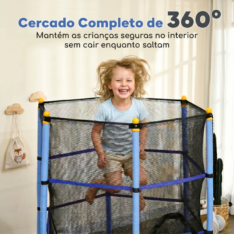 HOMCOM Trampolim para Crianças com Rede de Segurança e Estrutura de Aço para Interiores e Exteriores Carga 50 kg Ø163x190 cm Azul