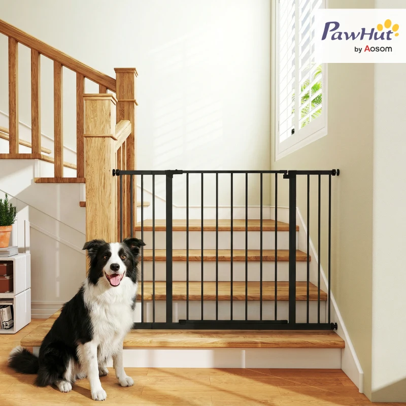 PawHut Dog Gate Pet Safety Gate Stair Barrier Pressure Fit Adjustable 76-82/86-97/101-107 cm, Black