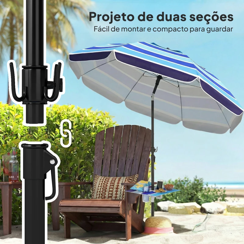 Outsunny Chapéu de Sol de Praia com Mesa Dobrável e Porta-Copos Ø198 cm Altura Ajustável Inclinação Bolsa de Transporte e Gancho UV30+ Multicolor
