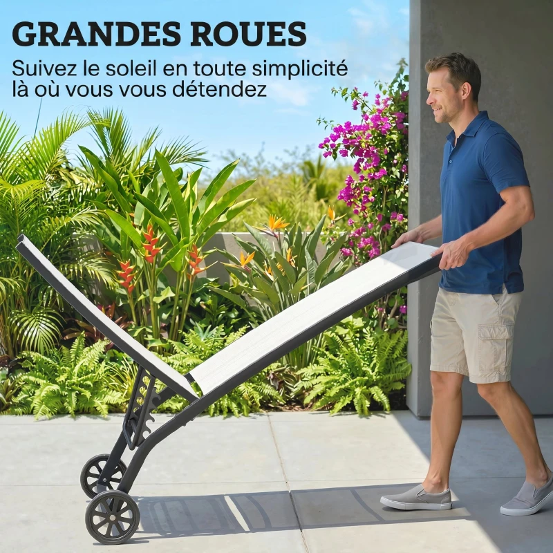 Outsunny Lot de 2 bains de soleil en aluminium et textilène avec roulettes dossier inclinable charge max. 150 Kg crème