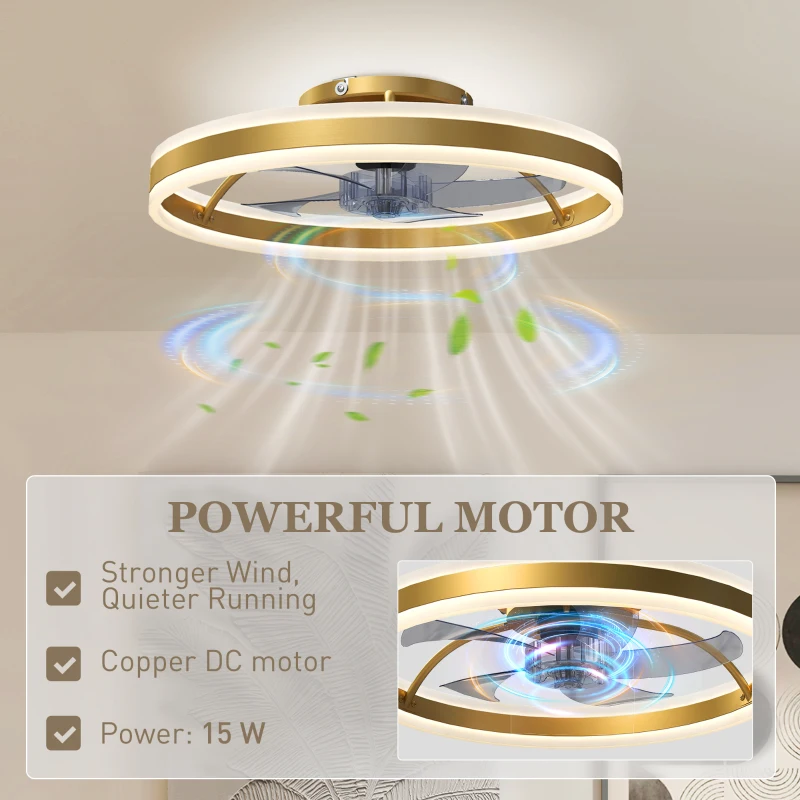 HOMCOM Ceiling Fan with Light and Remote, LED Mount Ceiling Fan with 3 Colour Temperatures, 6 Speed, 50 cm, Gold Tone