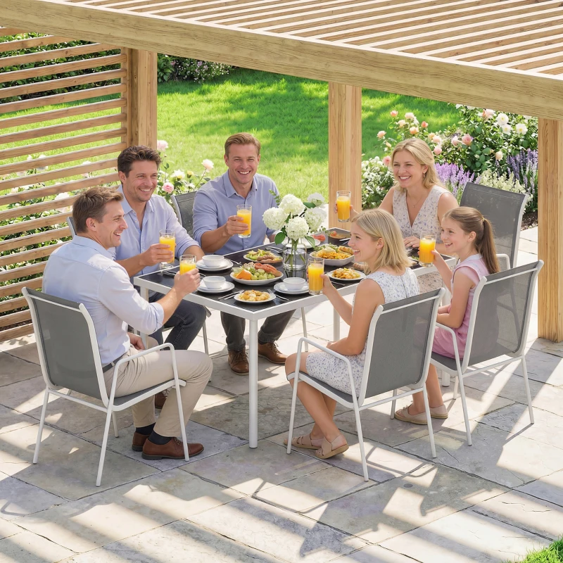 Outsunny Conjunto de Mesa y Sillas Jardín con Mesa de Vidrio Templado 6 Sillas Apilables Transpirables para Terraza Gris