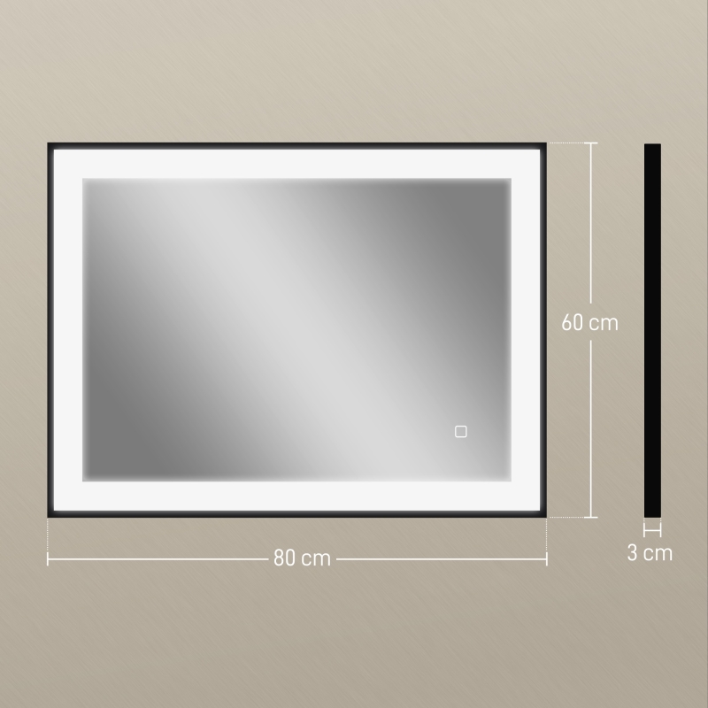HOMCOM Espelho Casa de Banho com Luz LED 80x60 cm Iluminação Ajustável Função Anti-Embaciamento Função Memória Preto