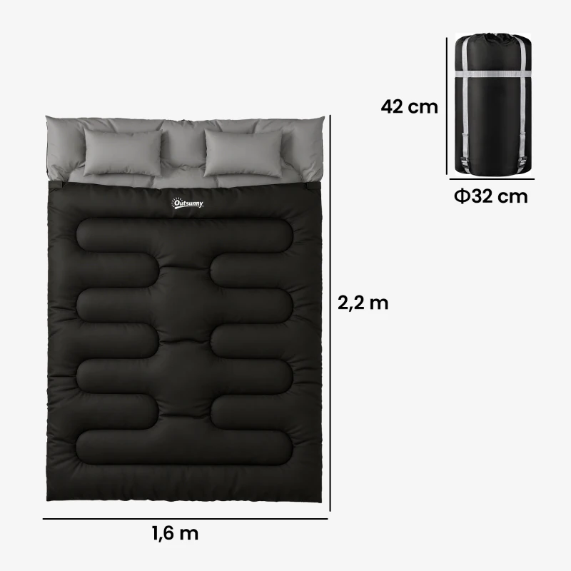 Outsunny Saco de Dormir Doble para Adultos Tamaño Queen para 2 Personas con 2 Almohadas y Bolsa Transporte Negro