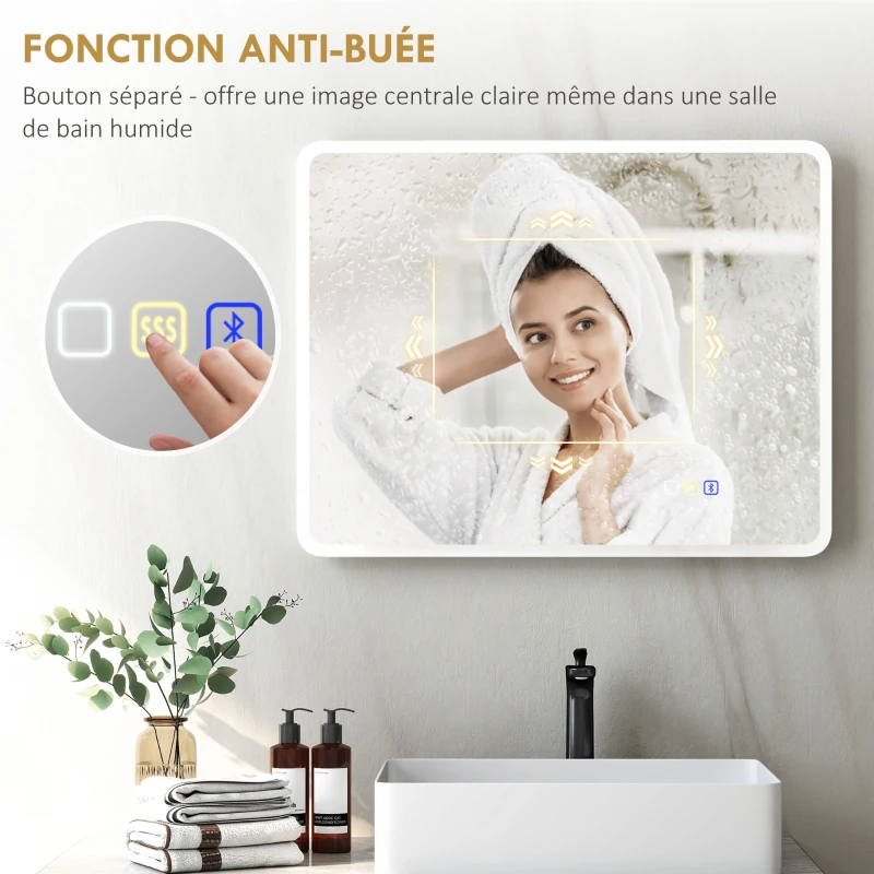 HOMCOM Miroir salle de bain LED bluetooth 70 x 90 cm interrupteur tactile lumière réglable 3 couleurs anti-buée mémoire argent