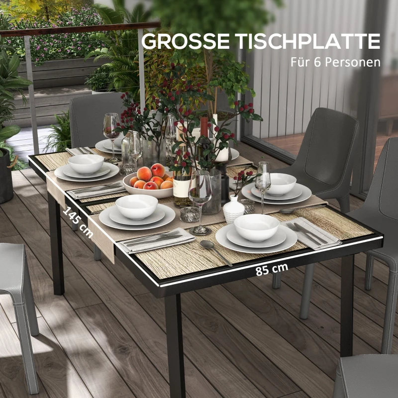Outsunny Outdoor Tisch für 6 Personen, Holzoptik, Metallrahmen, wetterfest, 145 x 85 x 72 cm, Grau