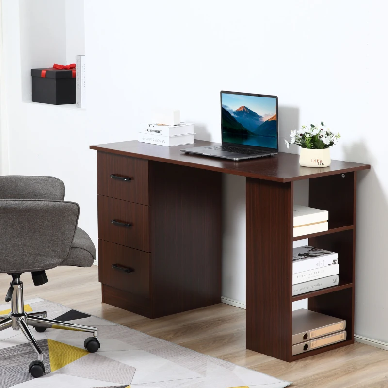 HOMCOM Bureau d'ordinateur réversible, table informatique avec 3 tiroirs et 3 étagères ouvertes, 120 x 49 x 72 cm, noyer