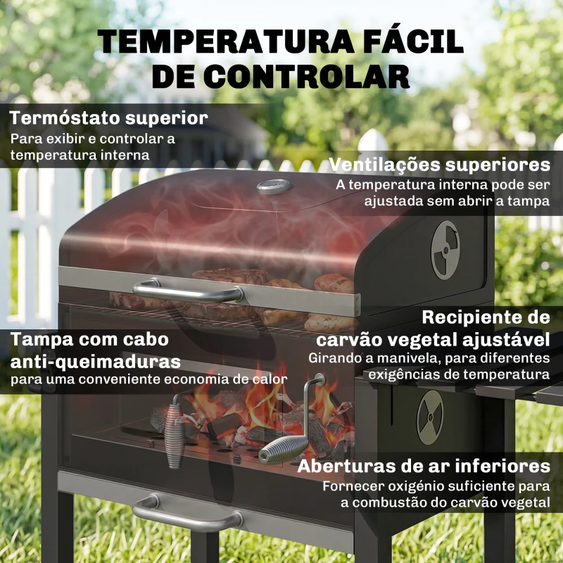 Outsunny Barbecue a Carvão com Rodas Tampa Grelhas de Aço Inoxidável Termômetro Bandeja Lateral e Prateleira 113x65x108 cm Preto