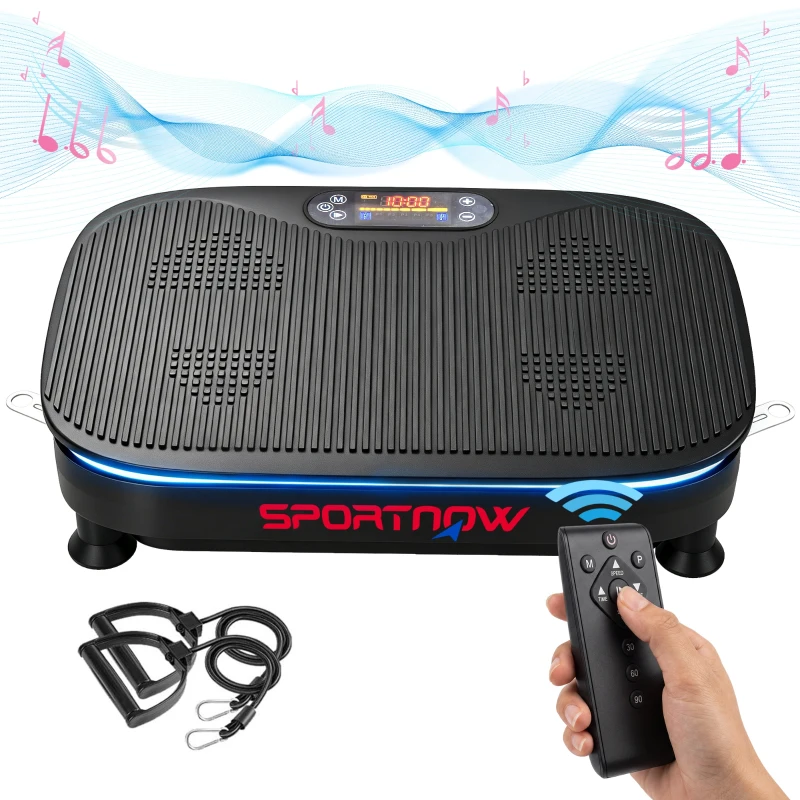 SPORTNOW Plataforma Vibratoria con 99 Velocidades 3 Programas Altavoz Bluetooth Pantalla LED Mando a Distancia Bandas Elásticas