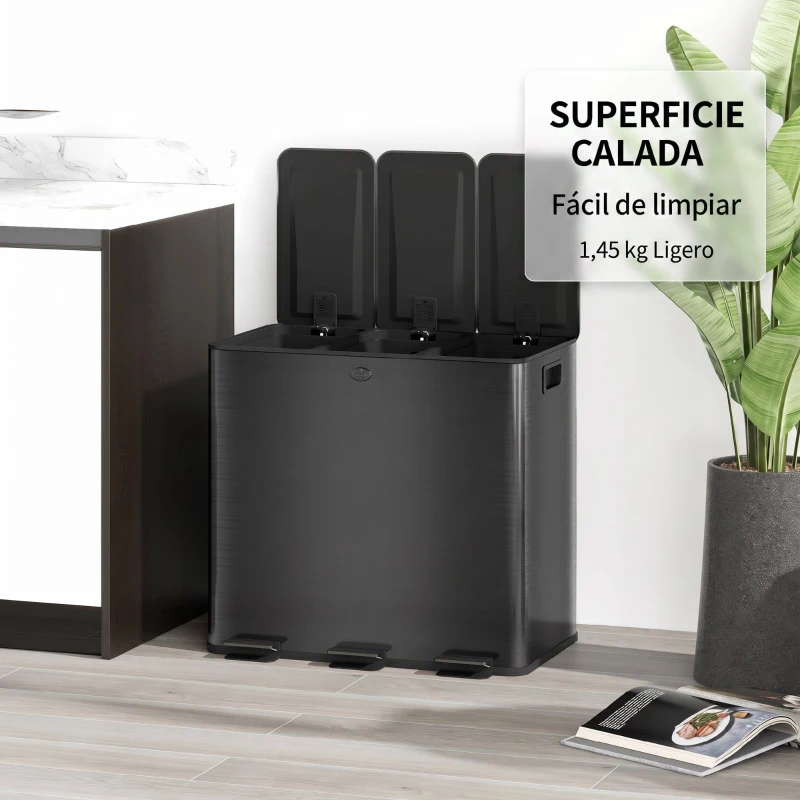 HOMCOM Papelera Cocina de Acero Inoxidable con 3 Compartimentos 3x15L con Pedales Tapas de Cierre Suave y Cubo Extraíble Negro