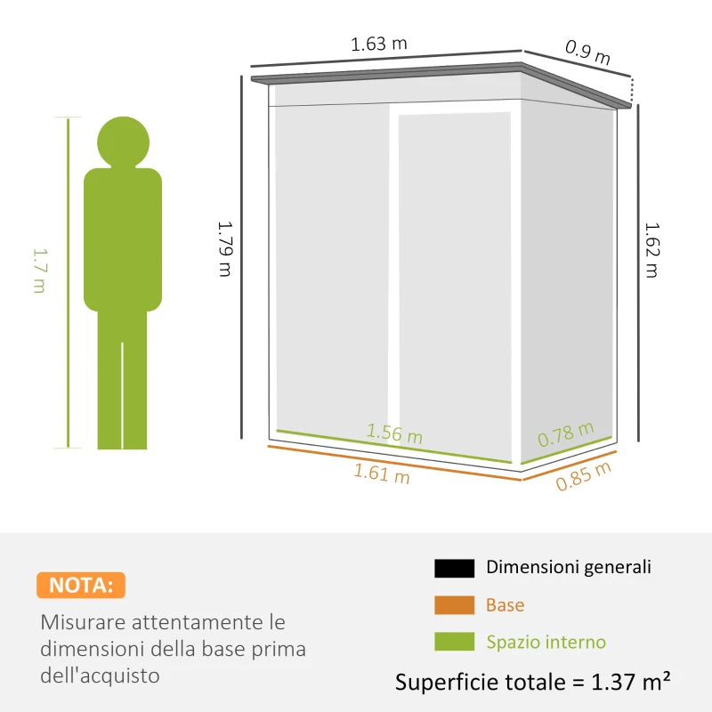 Outsunny Capanno Giardino Metallo 163x90x179 cm, Porta Chiudibile, Prese d'Aria, Grigio Scuro