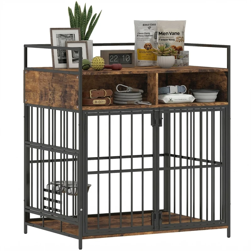 PawHut Dog Crate Furniture, Dog Cage with Rotatable Feeding Station and Storage Shelves, End Side Table Indoor Pet Kenne