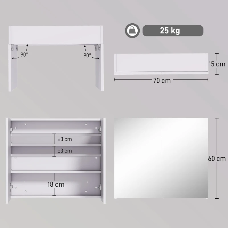 HOMCOM Armoire murale salle de bain avec miroir 70 x 60 cm avec étagère réglable, miroir salle de bain avec rangement, blanc