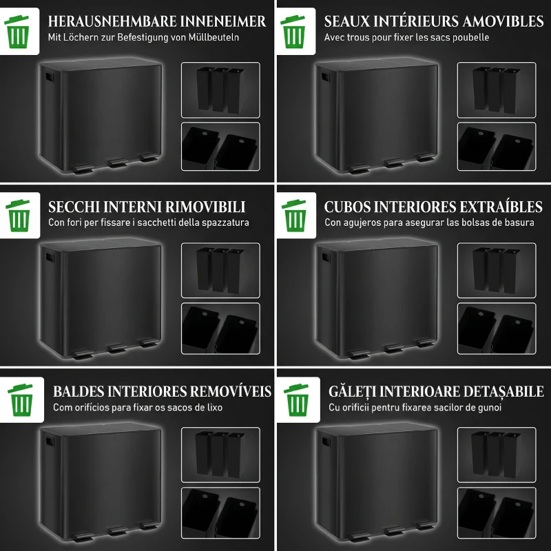HOMCOM Papelera Cocina de Acero Inoxidable con 3 Compartimentos 3x15L con Pedales Tapas de Cierre Suave y Cubo Extraíble Negro