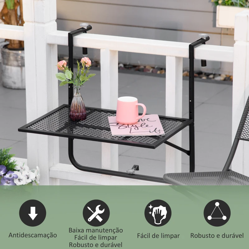 Outsunny Mesa Suspensa para Varanda Dobrável de Metal com Altura Ajustável em 4 Níveis Carga 10 kg 60x60x57-72 cm Preto