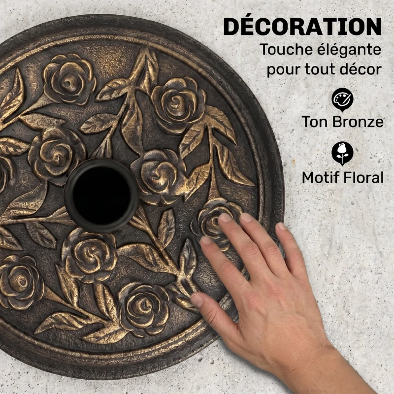 Outsunny Pied de parasol rond 9 kg support parasol résine motif roses pour terrasse piscine Ø 45,5 x 31 cm bronze