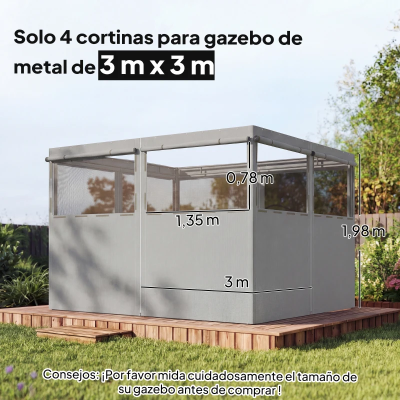 Outsunny 4 Paredes Laterales para Cenador 3x3 m Laterales de Carpa con 8 Ventanas Protección UV 30+ Impermeable Gris Claro