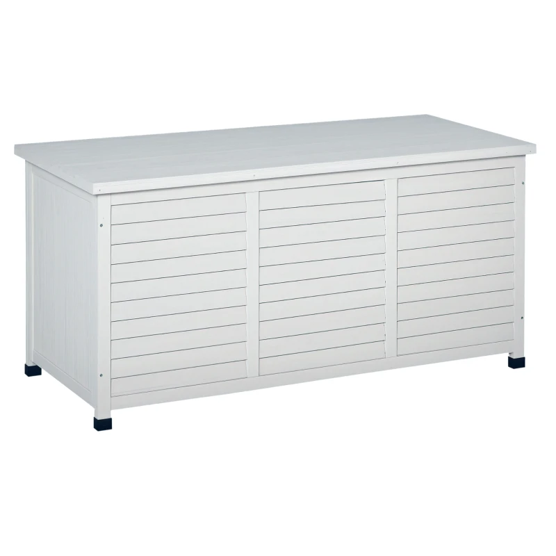 Outsunny Baule da Esterno in Legno di Abete con Base Rialzato e Coperchio, Cassapanca Contenitore da Esterno Impermeabile, 127x56x60 cm, Bianco