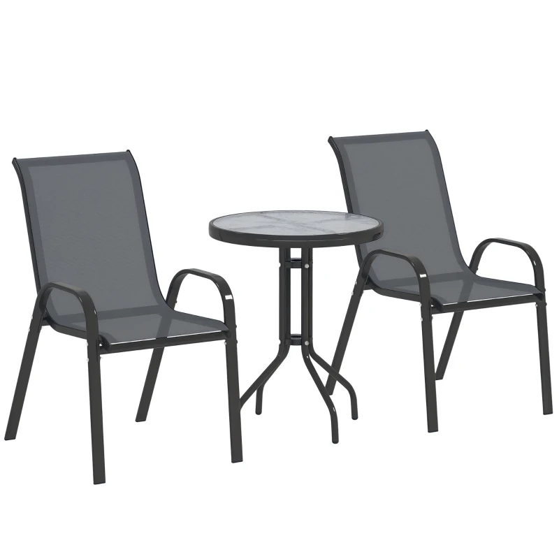 Outsunny Set Mobilier de Grădină din 3 Piese cu Scaune Suprapozabile și Masă din Sticlă, 54x71x93 cm, Gri Închis
