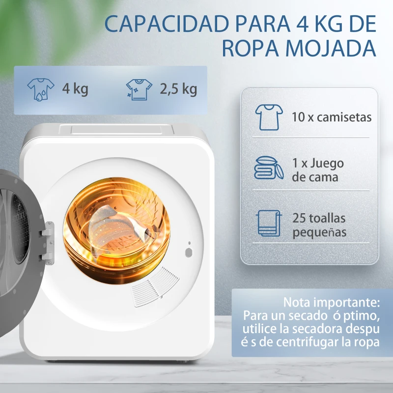 HOMCOM Secadora de Evacuación de 4kg 800W con Función Esterilizar Temporizador Pantalla LED Táctil Tambor Inox Blanco