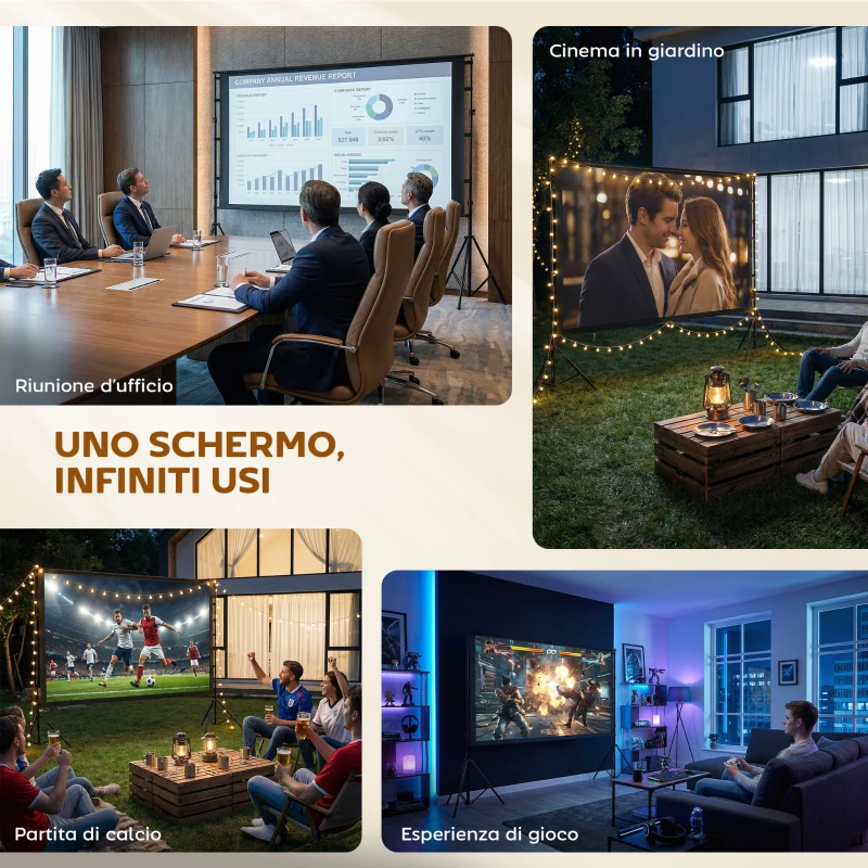 HOMCOM Telo per Proiettore 100" 16:9 HD 4K/8K, Angolo di Visione 160°, Doppia Facciata e Treppiedi Pieghevoli, Bianco