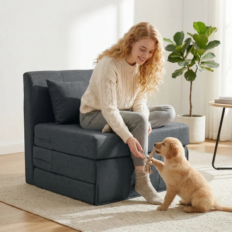 HOMCOM 2-in-1 Schlafsessel Klappbares Sofa-Bett mit Leinenstruktur, Gepolstertes Gästebett Klappstuhl, Dunkelgrau