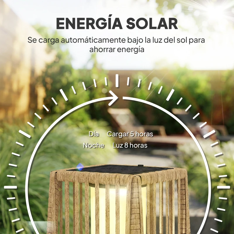 Outsunny Linterna de Jardín de Ratán Farola Solar Exterior con Luces LED Encendido y Apagado Automático Impermeable IP44 Arena