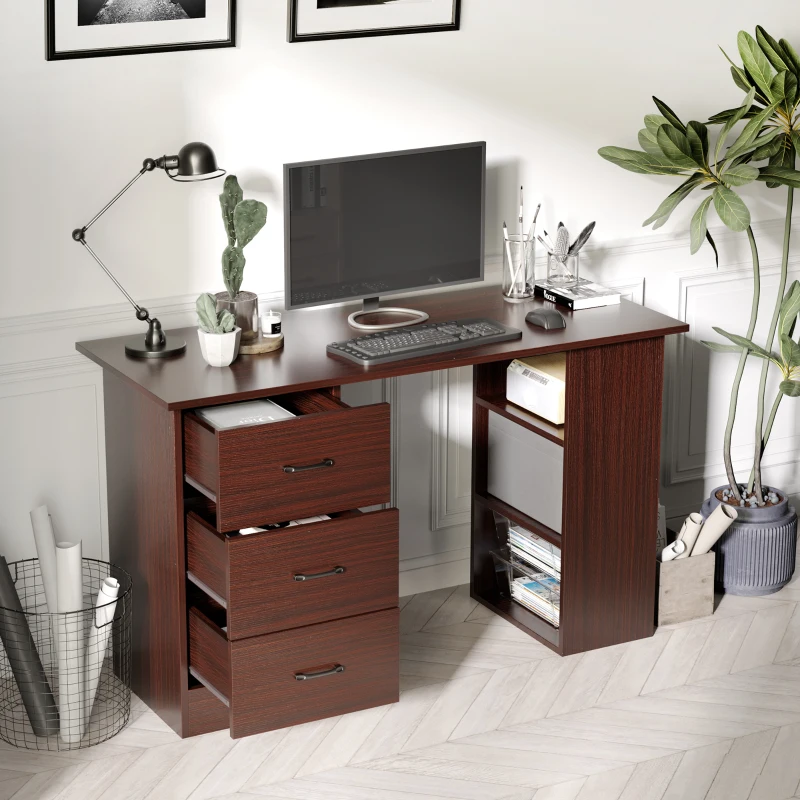 HOMCOM Bureau d'ordinateur réversible, table informatique avec 3 tiroirs et 3 étagères ouvertes, 120 x 49 x 72 cm, noyer