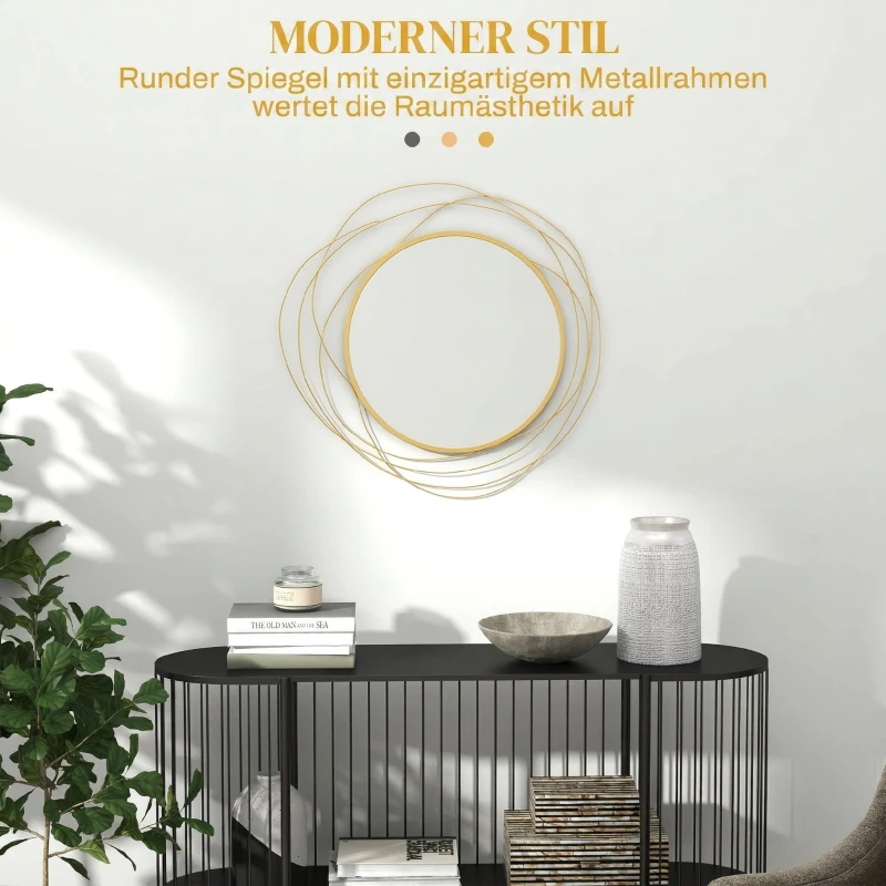 HOMCOM Espejo Decorativo de Pared Adorno de Pared Metálico Ø65 cm con Ganchos para Salón Dormitorio Pasillo Dorado