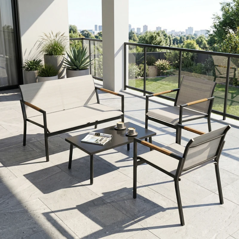 Outsunny Conjunto Jardín Exterior con Sofá de 2 Plazas 2 Sillones Mesa con Superficie Metálica Asientos Transpirables Crema