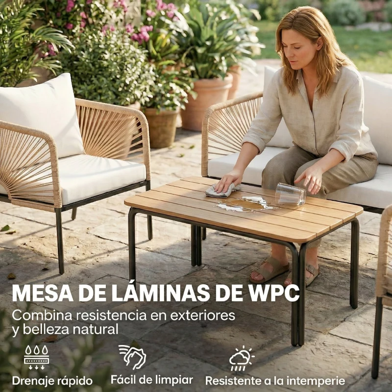 Outsunny Conjunto Jardín Exterior de 4 Piezas con Sofá 2 Sillones y Mesa WPC Ratán PE Tipo Cuerda Cojines Acolchados Blanco