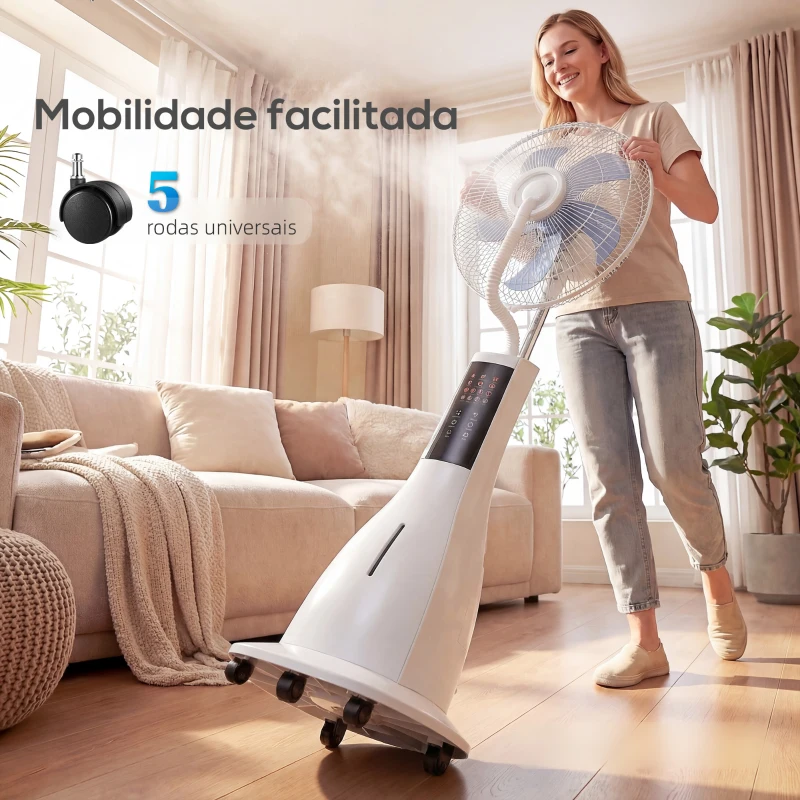 HOMCOM Ventoinha Nebulizadora 90W com Oscilação 75° 3 Velocidades 3 Modos Temporizador 7,5h e 5 Rodas 44,5x38,5x120 cm Branco