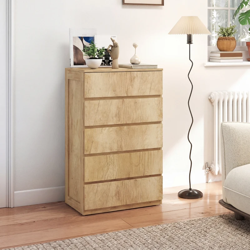 HOMCOM Cómoda 5 Cajones para Dormitorio Moderna Diseño sin Tiradores para Comedor Entrada 60x39x100 cm Madera Natural