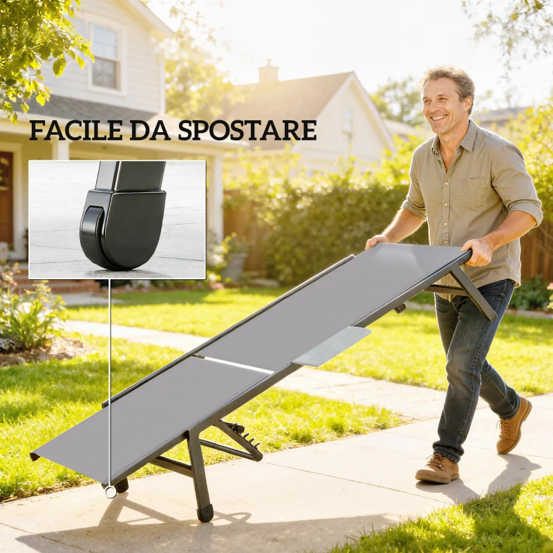 Outsunny Set 2 Lettini Prendisole Regolabili in 5 Posizioni con Tavolino Laterale e 2 Ruote, in Metallo e Poliestere, Grigio