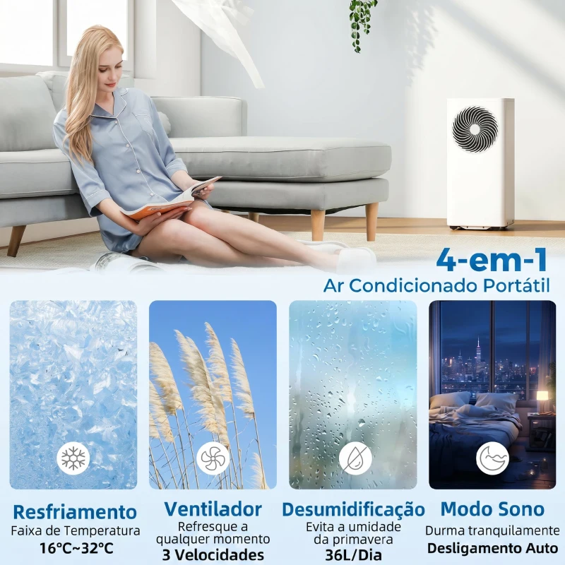 HOMCOM Ar Condicionado Portátil 7000 BTU Baixo Consumo Climatizador Portátil 4 em 1 Arrefecimento Desumidificador Ventoinha Modo Sono Temporizador 24H para 26 m² 31x35x68 cm Branco