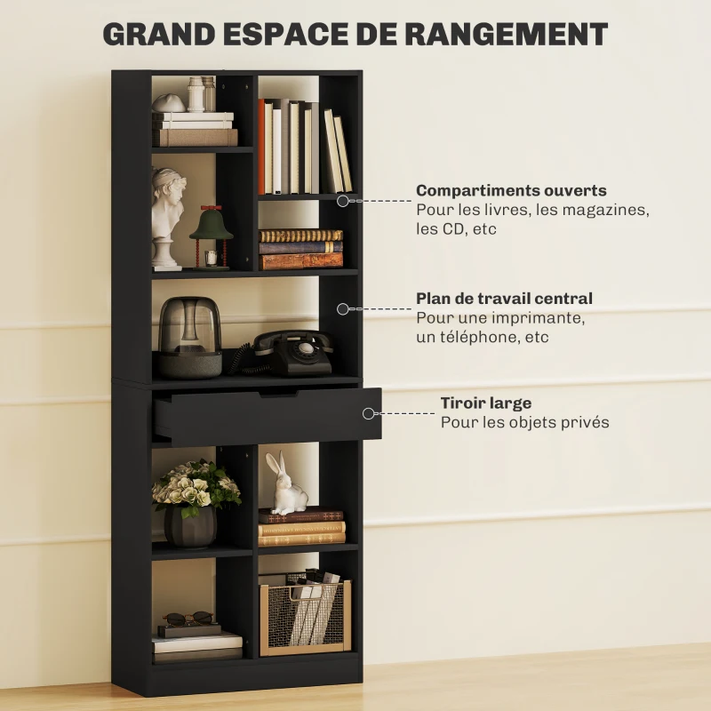 HOMCOM Bibliothèque meuble de rangement avec tiroir et étagères ouvertes, 60 x 26 x 158 cm, noir