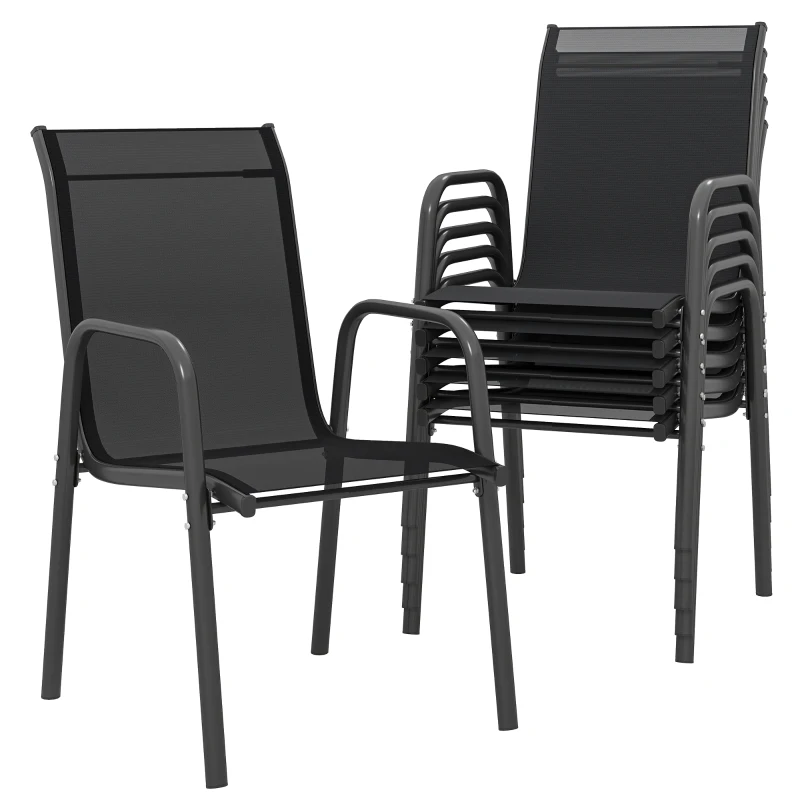 Outsunny Juego de 6 Sillas de Jardín Exterior Apilables con Reposabrazos Asiento y Respaldo de Malla Estructura de Metal Negro
