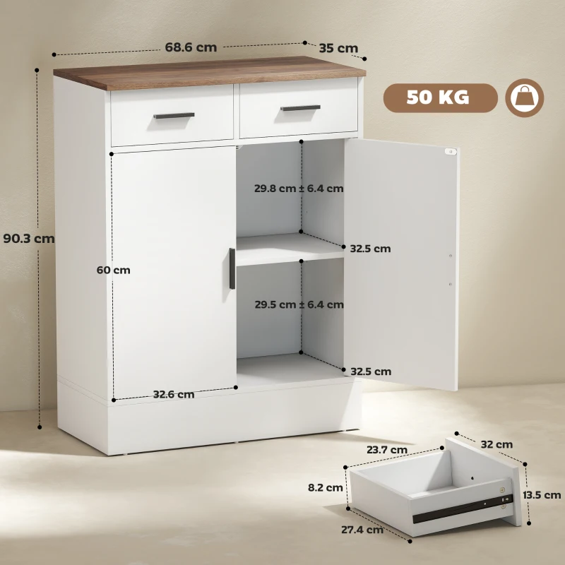 HOMCOM Credenza Moderna 2 Cassetti e Armadietto 2 Ante, Ripiano Interno Regolabile, Bianco e Legno