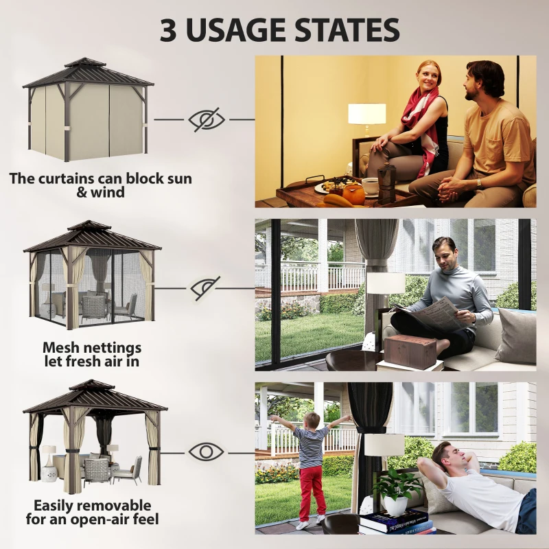 Outsunny 3x3 m Hardtop Gazebo Canopy with UPF50+ Double Galvanised Steel Roof, Aluminium Garden Gazebo Permanent Pavilion, Brown