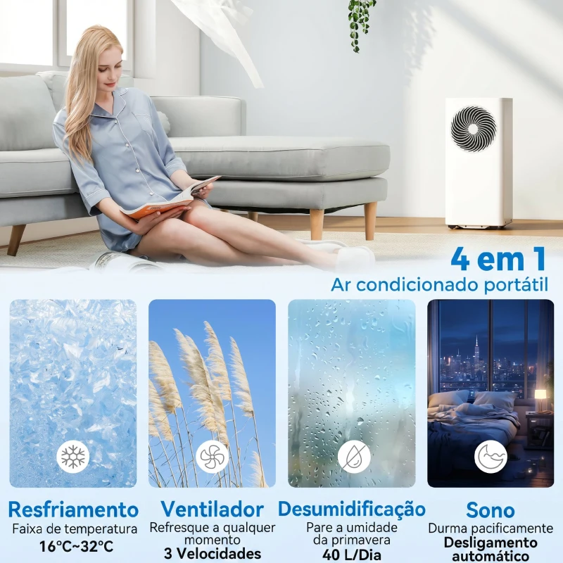 HOMCOM Ar Condicionado Portátil 9000 BTU Baixo Consumo Climatizador Portátil 4 em 1 Arrefecimento Desumidificador Ventoinha Modo Sono Temporizador 24H  para 33 m² 31x35x68 cm Branco