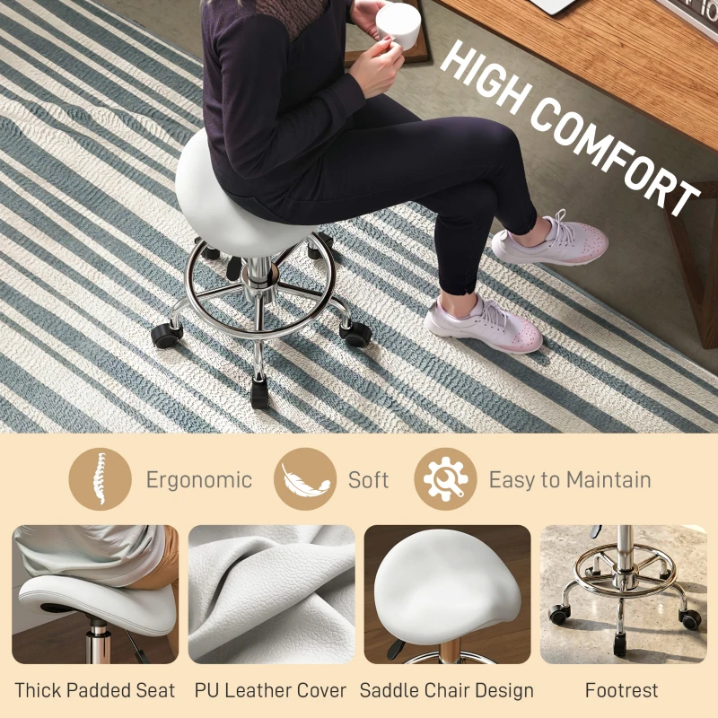 HOMCOM Salon Saddle Stool, Rolling Saddle Chair for Massage, Spa, Clinic, Beauty, Hairdressing and Tattoo, White