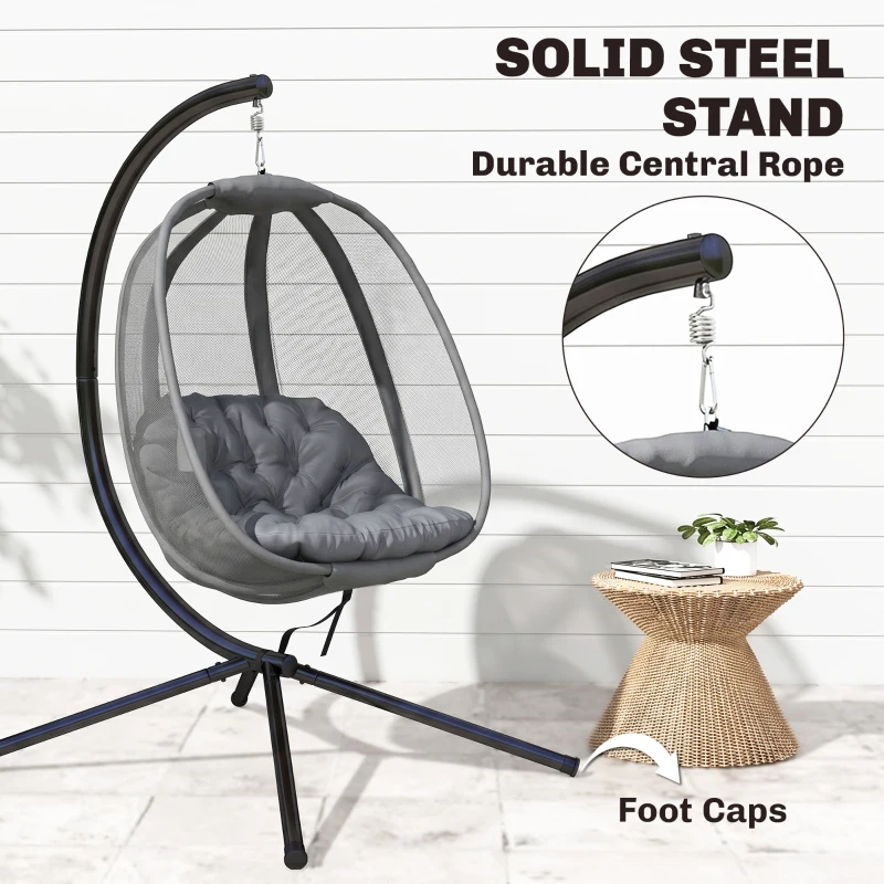 Outsunny Hanging Egg Chair, Folding Texteline Swing Hammock with Side Pocket, Cushion and Stand for Indoor Outdoor, Patio Garden Furniture, Grey
