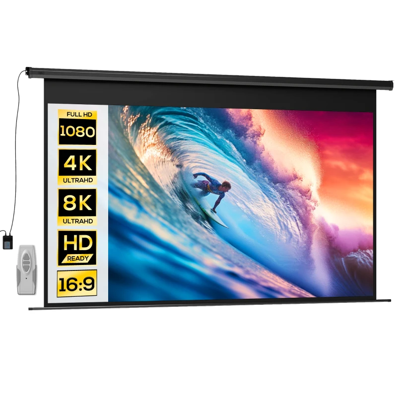 HOMCOM Ecran pentru Proiector 120" 16:9 Motorizat cu Telecomandă, Fixare pe Perete și Tavan, Negru