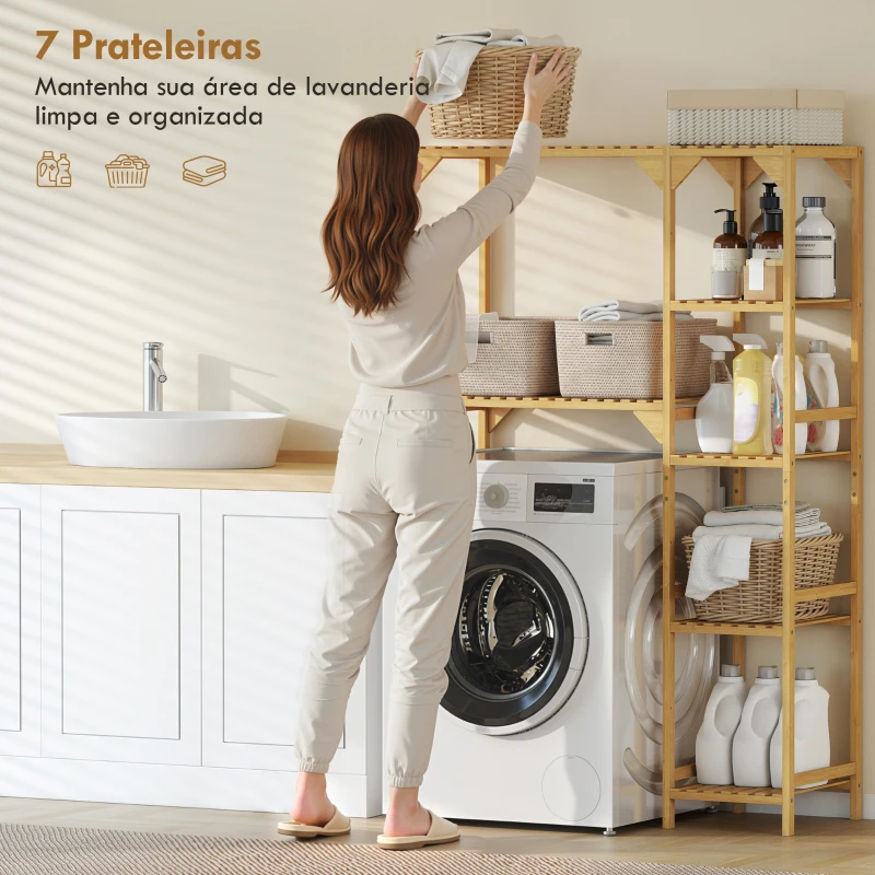 HOMCOM Estante para Máquina de Lavar Bambu Móvel com Prateleiras Reversíveis e Ajustáveis 100x40x157 cm para Lava-Roupa Natural